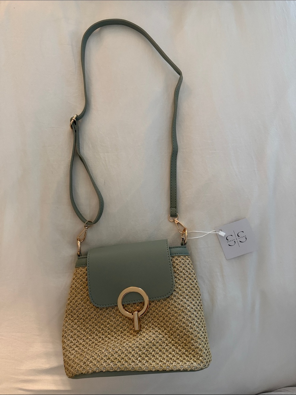 Sage Green Straw Mini Crossbody with Gold Ring